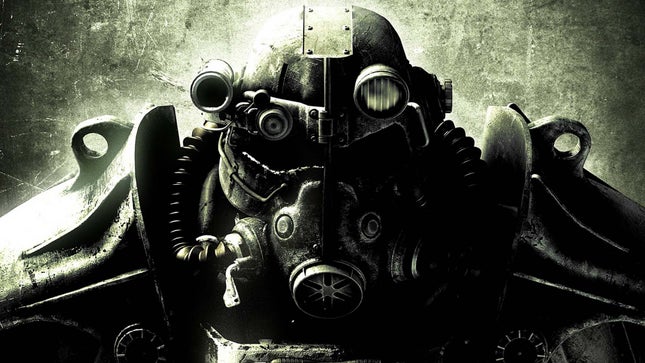 The image shows a large armored soldier from Fallout 3. 